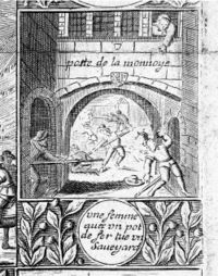 （圖）一名婦女用鐵鍋砸死薩伏依士兵 (皮刻畫，François Diodati，約1667年作，局部)