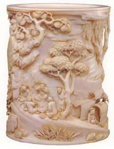 象牙雕漁樂圖筆筒 象牙雕漁樂圖筆筒