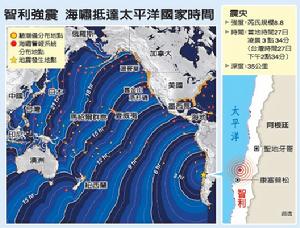 智利強震引發海嘯到達亞洲地區示意圖