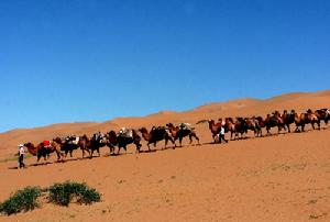 一支駝隊從茫茫的巴丹吉林沙漠中走過