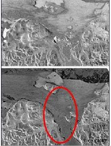 2001年(上)和2003(下)的衛星對比照片顯示出沃德·亨特冰架上的大裂縫(紅色圓圈中)