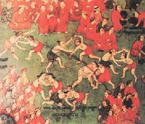 布達拉宮落成儀式壁畫中的摔跤競賽•清代