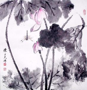 荷塘：蜻蜓正從空寬處俯衝似的穿進茂密的荷花叢，這是傳統國畫中不常見繪畫角度。