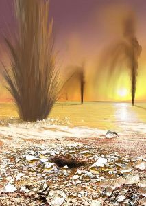 藝術家筆下的火星噴泉噴發出含沙的噴流 (NASA出版；榮恩·米勒繪。