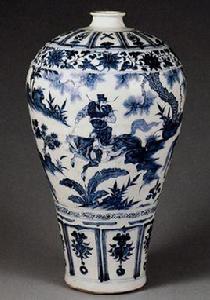 元青花蕭何月下追韓信圖梅瓶 元青花蕭何月下追韓信圖梅瓶