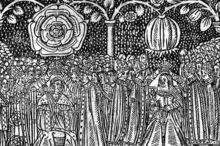 16世紀的木刻畫，展現了亨利八世和凱薩琳的加冕典禮