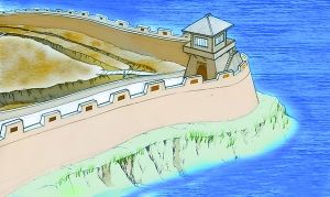 城址東南角城牆復原圖，河流、城牆和壕溝形成了多重防禦。