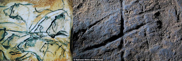 圖左：法國肖維岩洞中早期現代人類繪製的獅子圖畫的複製品。圖右：尼安德特人所作直布羅陀戈爾罕岩洞中的壁畫。