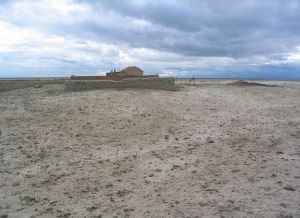 烏拉蓋河截流造成下游草原生態惡化。2008年，牧民被沙地包圍的夏牧場。