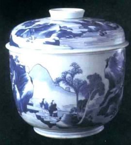 康熙青花山水人物紋蓋罐 康熙青花山水人物紋蓋罐