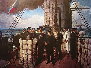 東鄉平八郎在日軍旗艦三笠號艦橋上指揮戰鬥的油畫