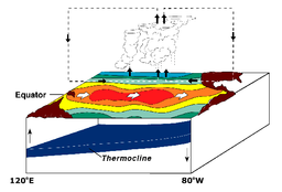 厄爾尼諾現象：溫水向南美洲吹送，冷水不再上涌而使海洋變暖；注意此時太平洋東西氣壓亦隨之變動，即所謂南方振盪