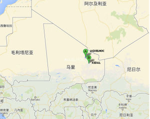馬里北部AGUELHOC和KIDAL位置