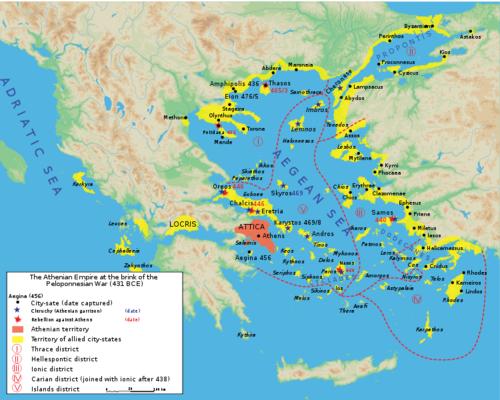 前431年的古希臘世界，紅色部分是雅典城邦