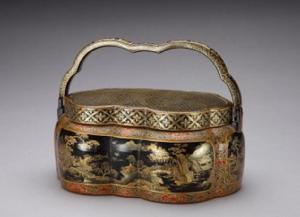 清黑漆描金山水樓閣圖手爐 清黑漆描金山水樓閣圖手爐