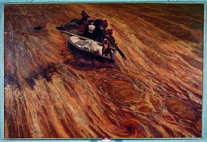 《在激流中前進》油畫