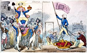 詹姆士·吉爾雷的漫畫《法國，英國，自由，奴隸》（1789年），左邊坐著的是雅克·內克爾創立的自由，而右邊則是皮特政府下的英國