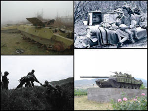 左上開始順時針方向：亞塞拜然軍隊坦克殘骸，亞美尼亞控制區內的亞塞拜然難民，在阿斯克然的一輛亞美尼亞T-72坦克紀念碑，納卡軍隊爬出靠近阿格達姆的一座訓練中心的戰壕。