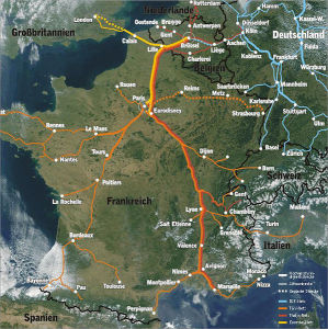 TGV在法國及其周邊國家行駛路線；其中藍色線為德國ICE列車，黃色線為歐洲之星