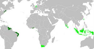 “黃金時代”的荷屬殖民地示意圖。荷蘭東印度公司管理淺綠色地區；深綠色地區則為荷蘭西印度公司掌控