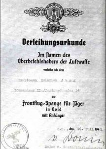星型垂飾獲授證明檔案，1943年07月26日授給Heinrich J&uuml;ng，A5尺寸(150mm&times;210mm)。
