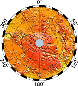 火星南極的地形圖。注意南極高原的高程比周圍隕擊高原要高。點選可看大圖。
