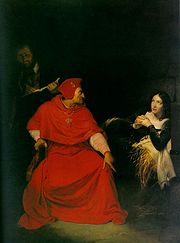 （圖）溫徹斯特的紅衣主教在審問貞德。(由Gillot Saint-Èvre所繪，現存巴黎羅浮宮