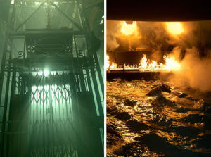 左邊的照片是一個非常有名的電影裡的一個瞬間，那就是詹姆斯·邦德的《皇家賭場》。圖片是電影中電梯墜入水中的場景。而右圖則是在拍攝電影《伊莉莎白：黃金時代》時抓拍到的一匹發狂的馬，此時它正試圖在波濤洶湧的水中游泳。