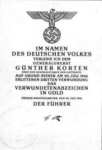 空軍總參謀長克滕（Korten）將軍金質7月20日戰傷章授於證書，傷重死亡。