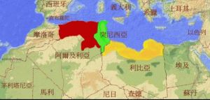 三種北非陸龜分布圖（紅色：阿爾及利亞陸龜 綠色：突尼西亞陸龜 黃色：利比亞陸龜）