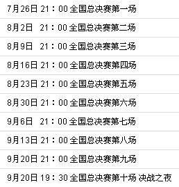 全國總決賽十場註：全國總決賽皆為每周五21：00現場直播，除決戰之夜全國總決賽播出時間