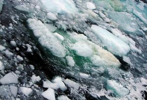 東西伯利亞海表面漂浮的冰塊，甲烷氣泡從下面不斷冒出