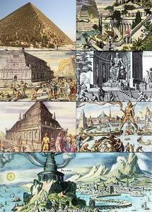 （圖）古代世界七大奇蹟，由左至右，由上至下，分別為吉薩大金字塔、空中花園、亞底米神廟、宙斯神像、摩索拉斯王陵墓、羅得島太陽神銅像及亞歷山大燈塔