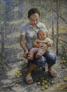 龍江飛油畫《果園裡的母與子》