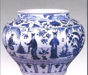 元代繪有《百花亭》劇情圖案的瓷罐