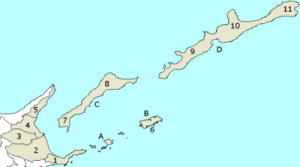 齒舞群島於北方四島中之相關位置，A為齒舞群島