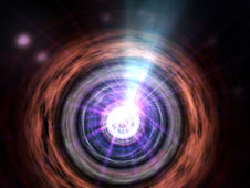 在活動星系核的中心，落向特大質量黑洞的物質會以某種方式產生接近光速的粒子噴流。對於耀變體這類活動星系核來說，其中的一道噴流徑直朝向地球而來