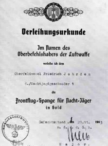 金質獲授證明檔案，1943年11月29日授給Frisdrich Johrden，A5尺寸(150mm&times;210mm)。