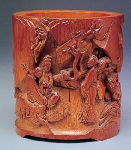 明代朱三松款竹雕仕女筆筒 明代朱三松款竹雕仕女筆筒