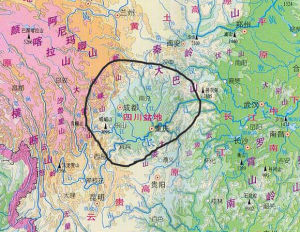 地圖上的四川盆地