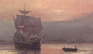 （圖）1620年，一百餘名英國清教徒乘五月花號來到新大陸。這幅畫由威廉·哈爾索爾頁面威廉·哈爾索爾並不存在，英語維基百科對應頁面為William Halsall。於1882年創作