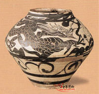 白釉黑花刻龍鳳紋罐 白釉黑花刻龍鳳紋罐