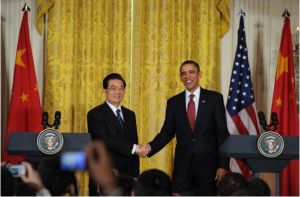 胡錦濤同歐巴馬共同會見記者。