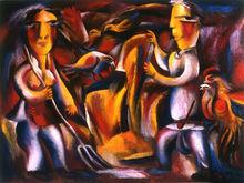 油畫《夫妻逗趣》, 陳綠壽, 1989