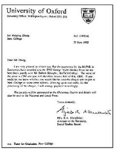 1992年6月22日由牛津大學Macallister女士發給張維迎的通知