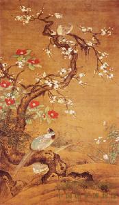 明呂紀錦雞山茶圖軸