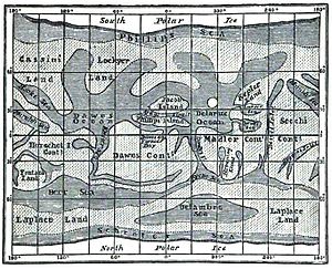 Richard A. Proctor的火星地圖，下為北。Johann Heinrich Mädler和Wilhelm Beer雖然因月球地圖而聞名，他們也是首先的火星製圖者。他們以大部分地表特徵是固定的為出發點，訂出火星自轉周期，在1840年的計算只比現在差了0.1秒。1830年，Mädler結合了十年的觀察繪製了第一張火星地圖。他們並沒有為各特徵命名，而是以字母標示，如子午線灣（Sinus Meridiani）為 a。往後大約二十年，隨著儀器進步和觀測者增加，很多名稱開始出現，如太陽湖（Solis Lacus）稱為眼（Oculus），大瑟提斯則為沙漏海（Hourglass Sea）或蠍子（Scorpion）。1858年，安吉洛·西奇命之為大西洋水道（Atlantic Canale）。他解釋：“它就好像地球的大西洋，分隔開舊大陸與新大陸。”而這是水道（canale）——義大利語可解釋為水道（channel）或運河（canal）——第一次使用在火星上。
