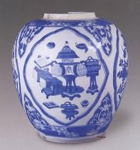 青花花鳥博古圖蓋罐 青花花鳥博古圖蓋罐