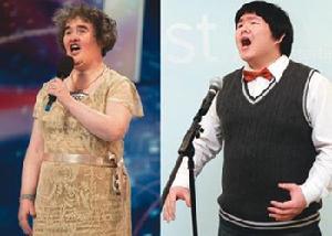 被稱為華人版蘇珊大嬸的“小胖”林育群（右），以一曲“I Will Always Love You”，在網站上暴紅。左為正港的英國蘇珊大嬸。