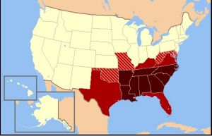 （圖）現代的定義。深紅色的州分表示在現代的標準中都會被劃為南部的州，而紅色則是大多會被包含在內的州。加上斜線條紋的州分則是在有時候或偶爾會被視為南部。